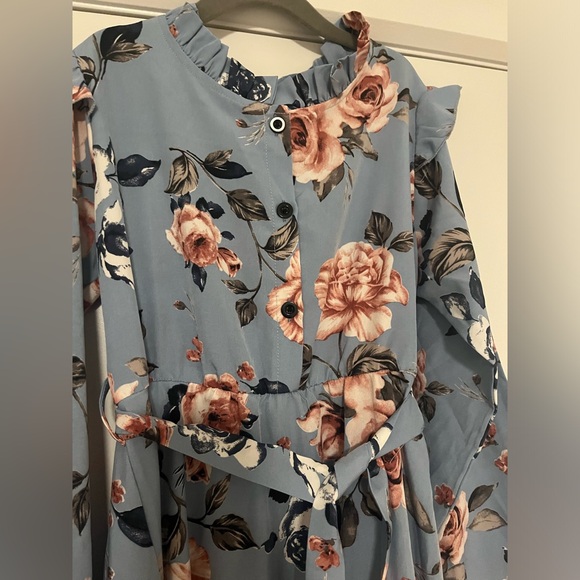 Girls Floral Print Frill Trim Lantern Sleeve Belted Dress - Picture 5 of 5